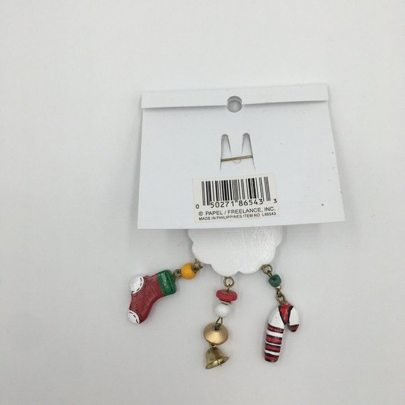 Hand-Painted VINTAGE Wooden BROOCH Pin, Dangling Candy Cane Stocking Bells, Red - Picture 4 of 4
